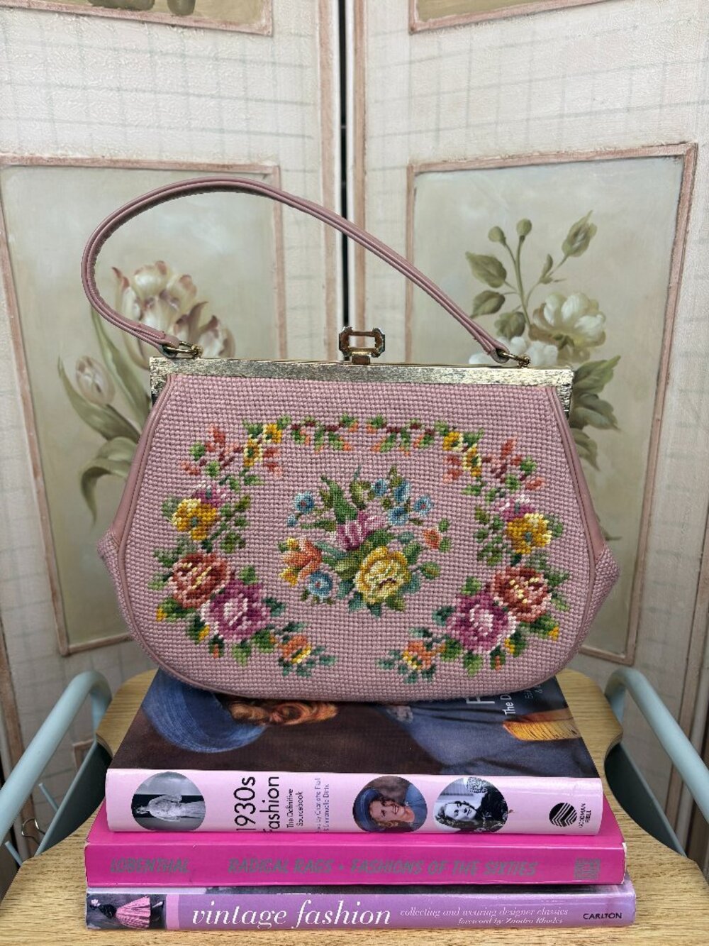 1950s/60s Floral Needlepoint Purse, Pink